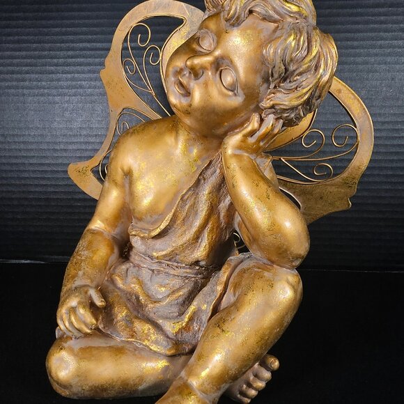 Vintage Gilt Resting Angel With Removable Metal Vintage Gilt RestinWings 10 Inch - Picture 1 of 9